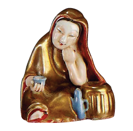 圖為清道光廣彩開光花蝶人物紋雙人耳方口扁瓶細節(jié)圖，圣母紐蓋。（來源：廣州十三行博物館）