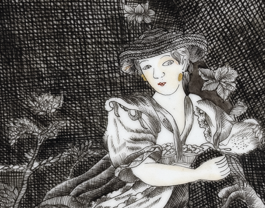 圖為清乾隆墨彩描金西方女性圖碟細節(jié)圖，碟心以墨彩繪西洋女性圖，這種碟是典型來樣加工出口瓷器，圖樣由外商提供并在中國燒制完工，然后再進行外銷。此碟圖案為歐洲第一名瓷德國梅森瓷器早期圖案。（來源：廣州十三行博物館）